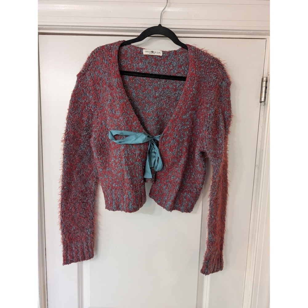 Natural Life Red Blue Eyelash Knit Tie Front Cropped Cardigan Sweater L/XL
